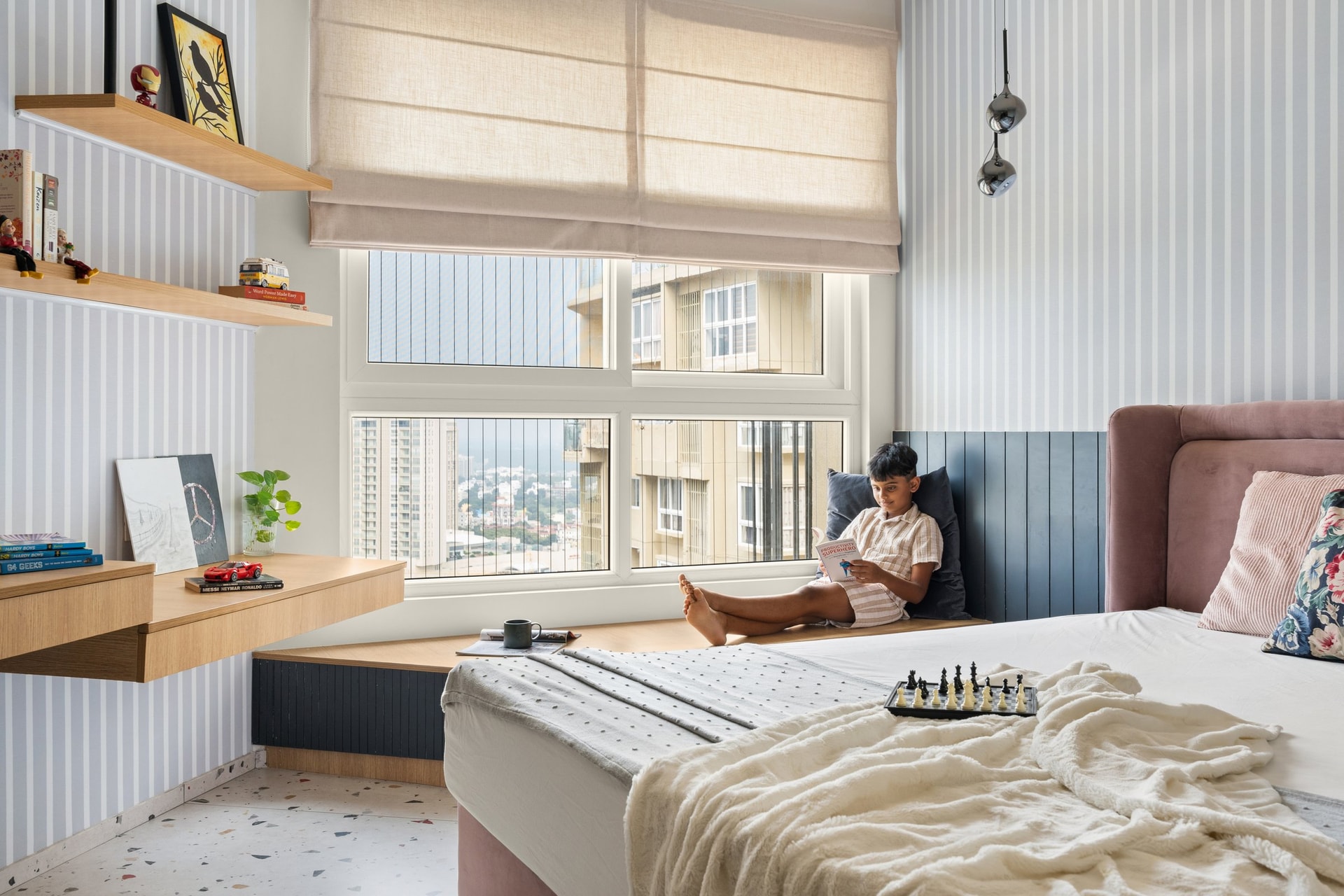 The window seat extends the working surface into a place to pause