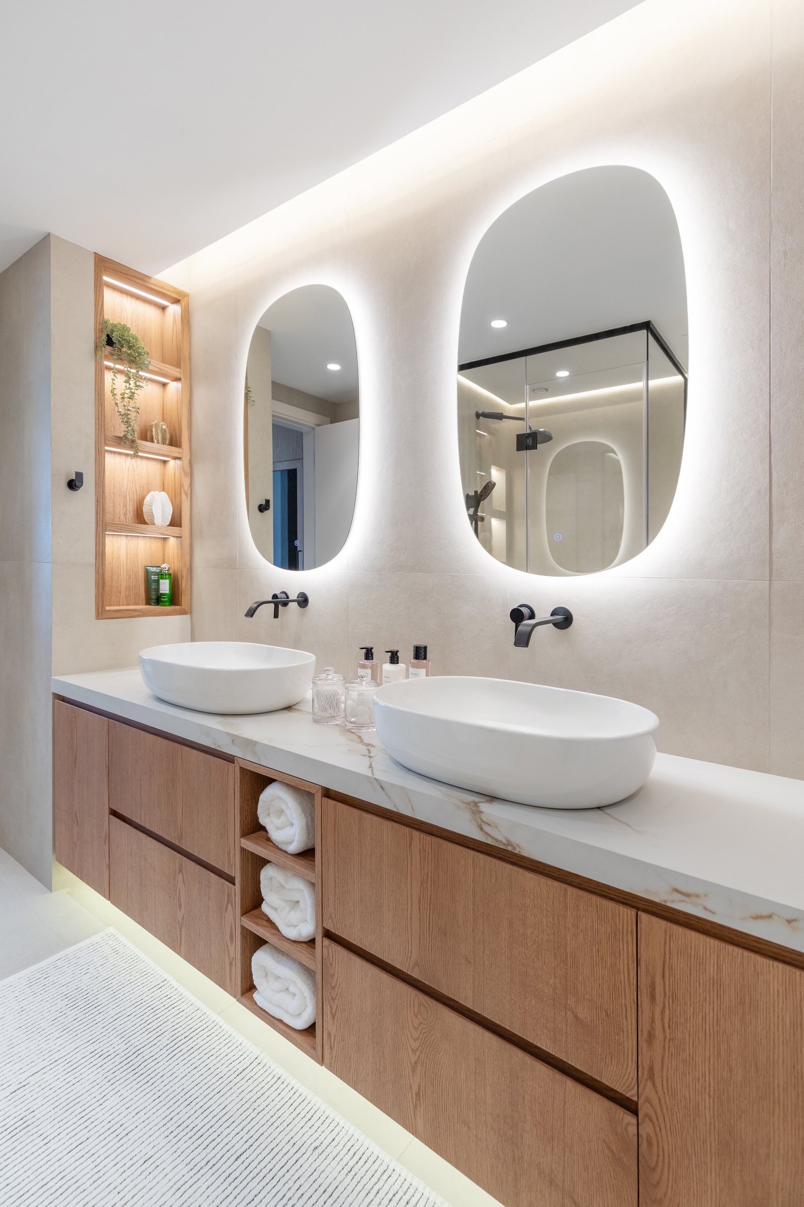 Seen straight on, the master bathroom vanity reveals the precision of its making