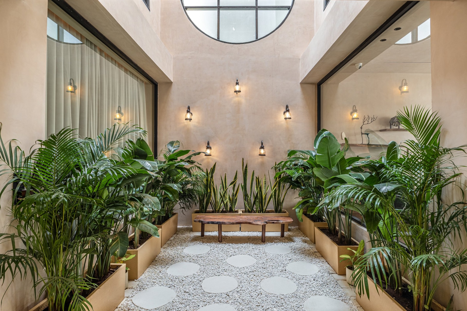 The reimagined courtyard, where a circular skylight replaces a conventional square opening
