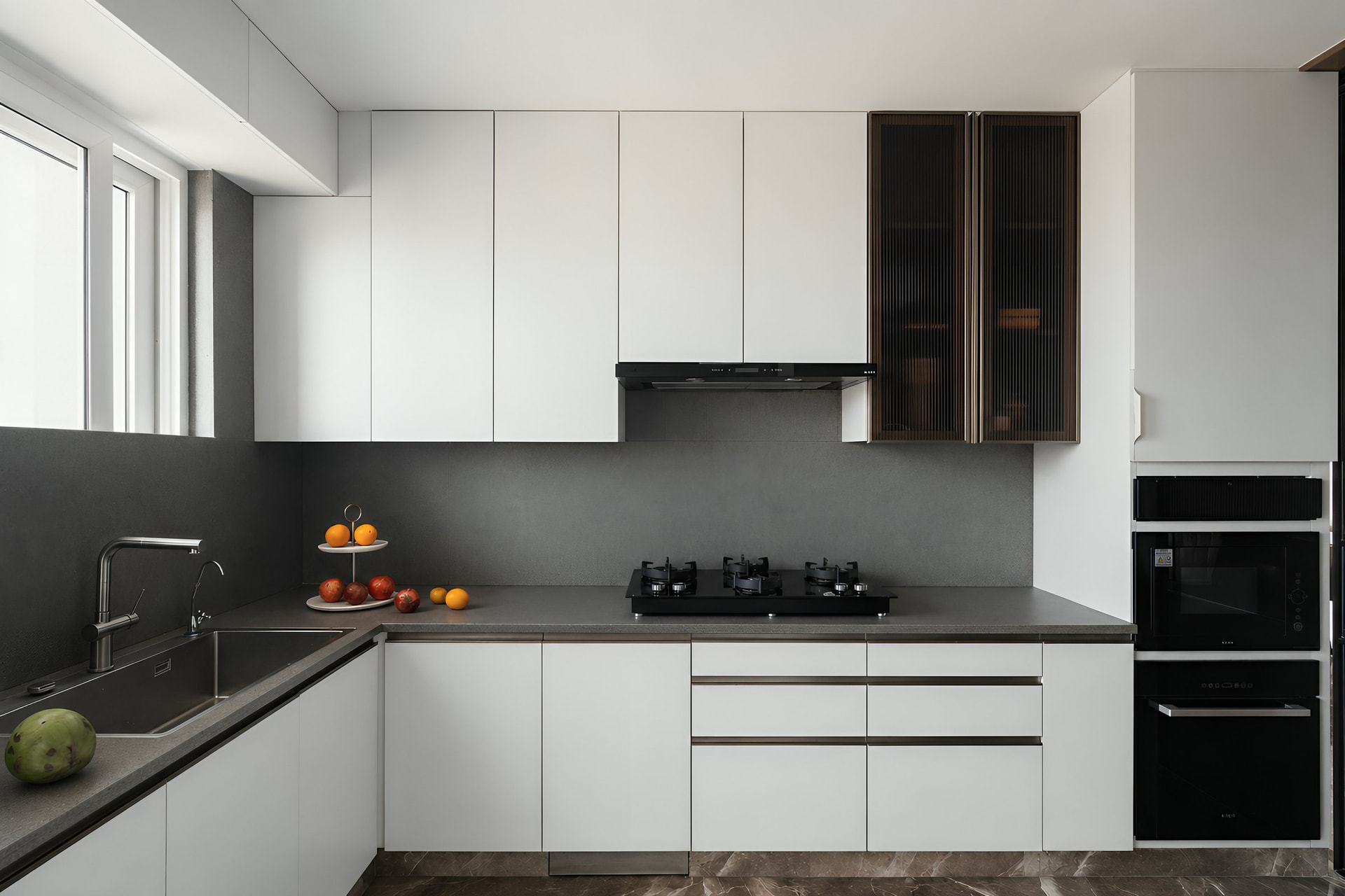 Inside the kitchen, an L-shaped run of white cabinetry is punctuated by a pair of reeded amber-glass upper cabinets