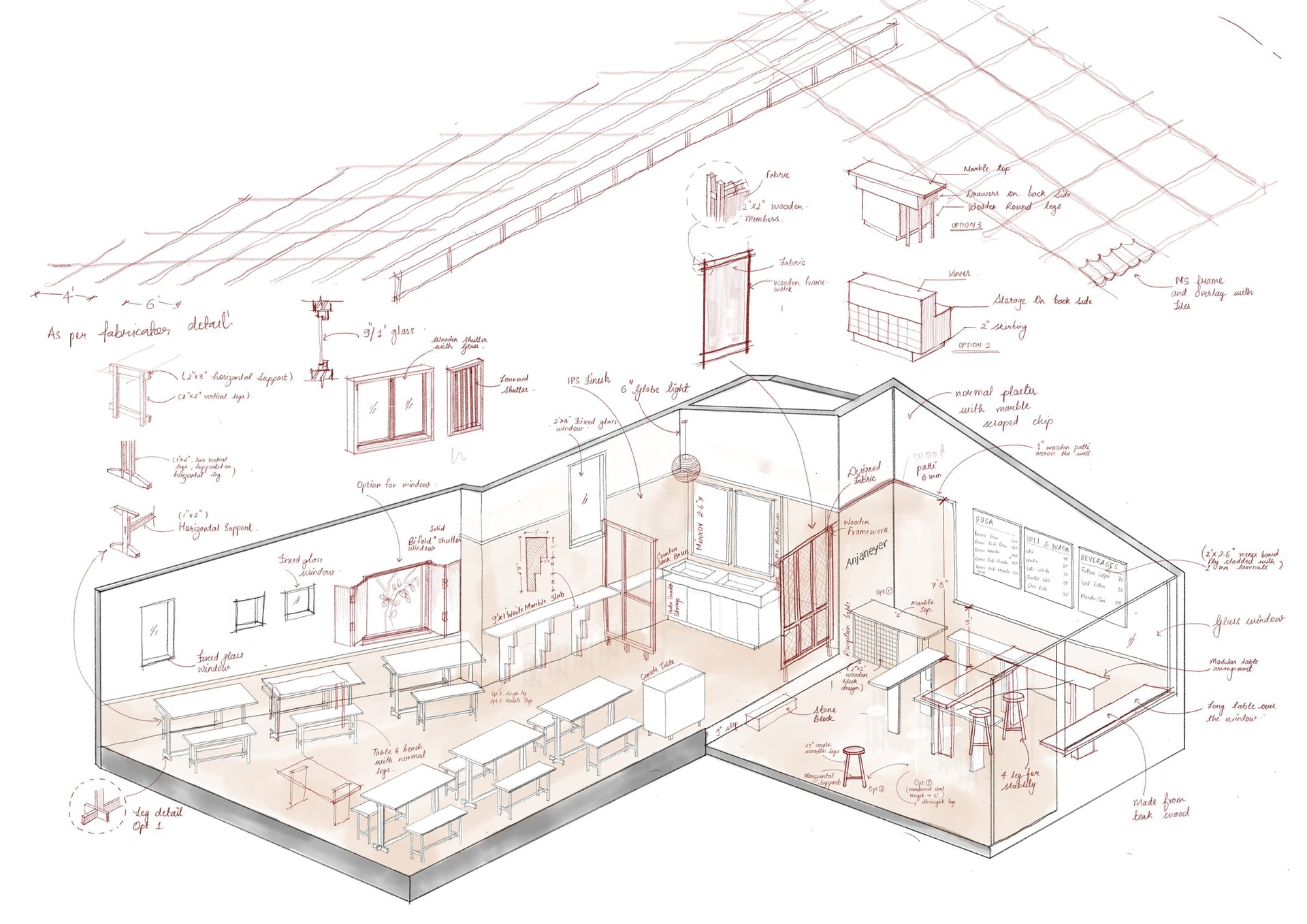 Working drawings showing the studio's annotation-led process, from IPS finishes to table leg details