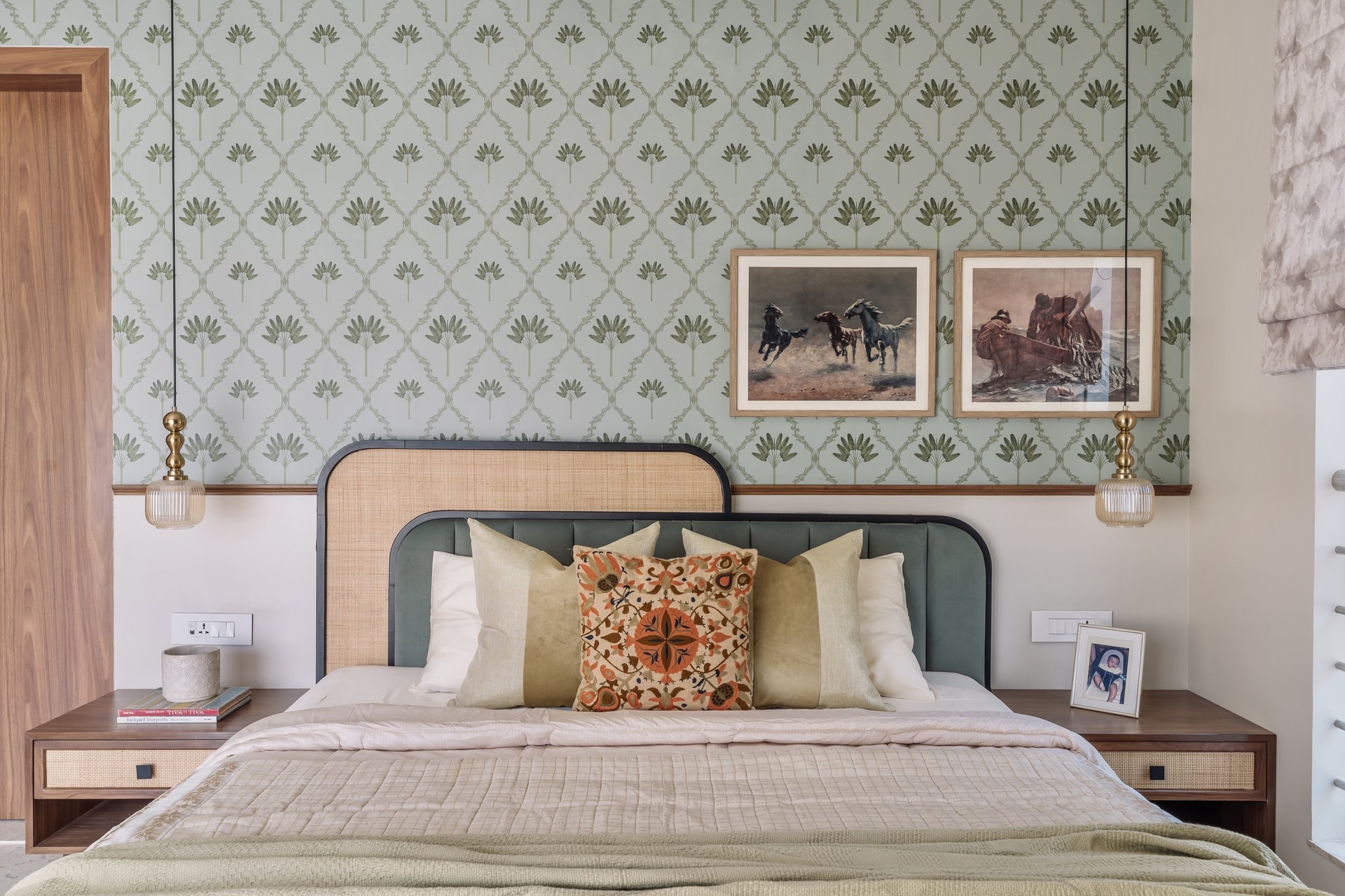 The master bedroom, where a banana-leaf wallpaper translates South Indian botany into an architectural motif