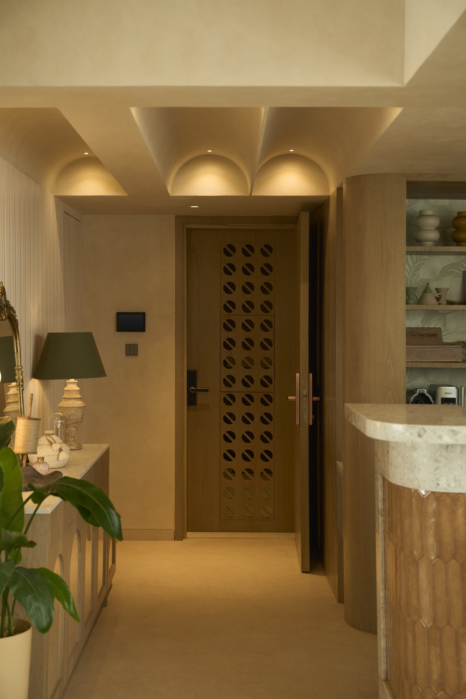 The entry, where a vaulted plaster ceiling and a warm-toned door with circular relief detail set the home's material register