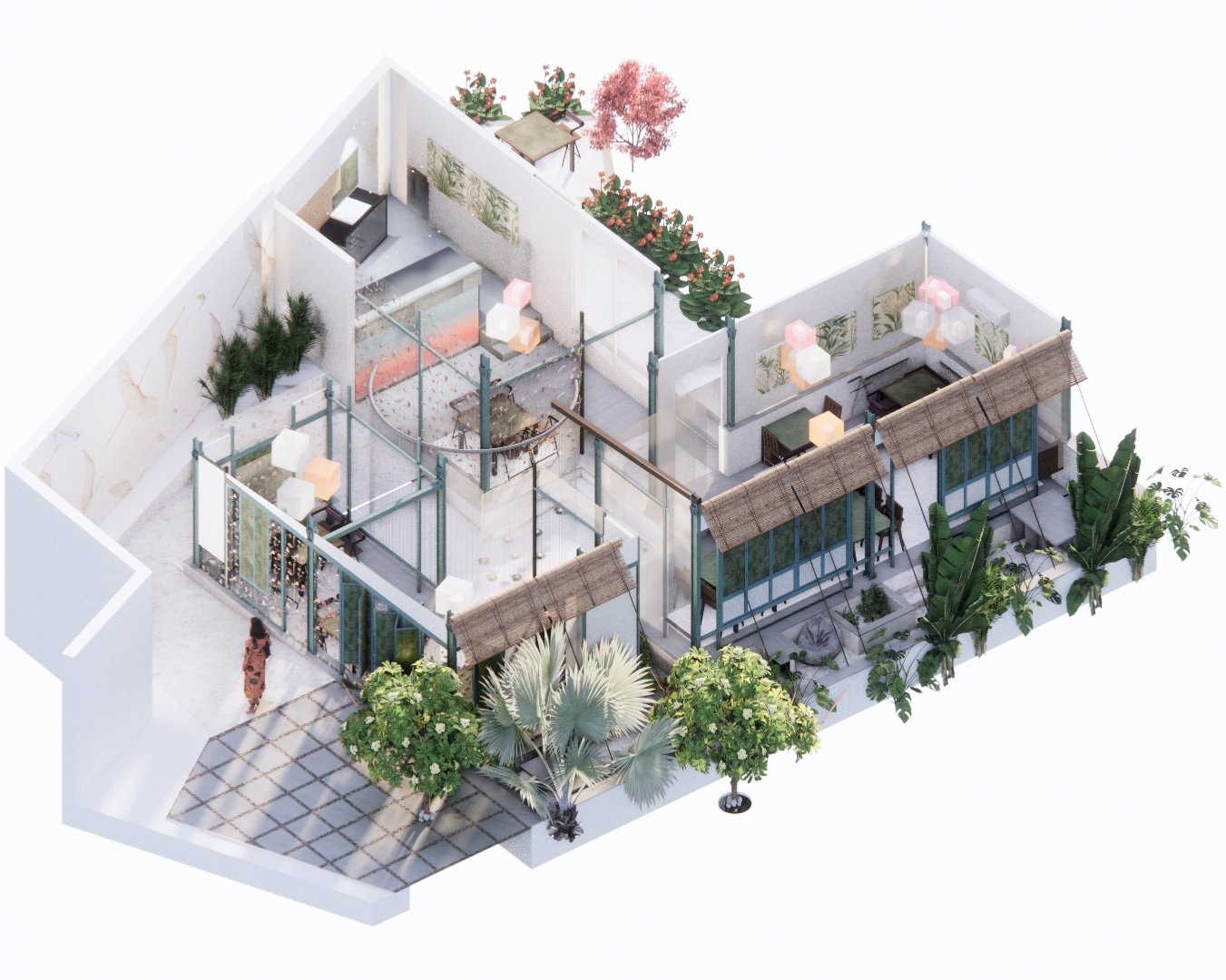 An isometric view of SOLEA, where a tealed steel-and-glass shell sits within a wrap of planting and a central water feature anchors the plan