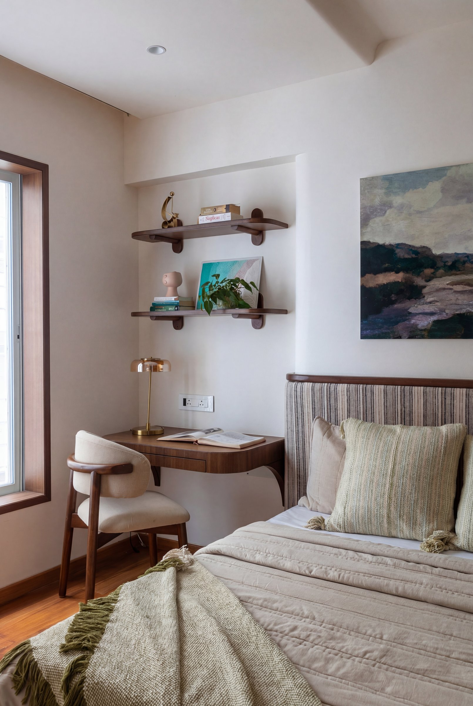 A compact study nook carved into a shallow recess