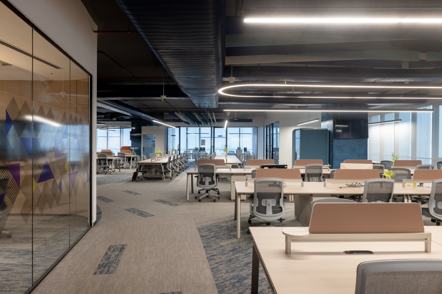 A second vantage of the open floor, showing the ceiling treated as the project's primary expressive surface