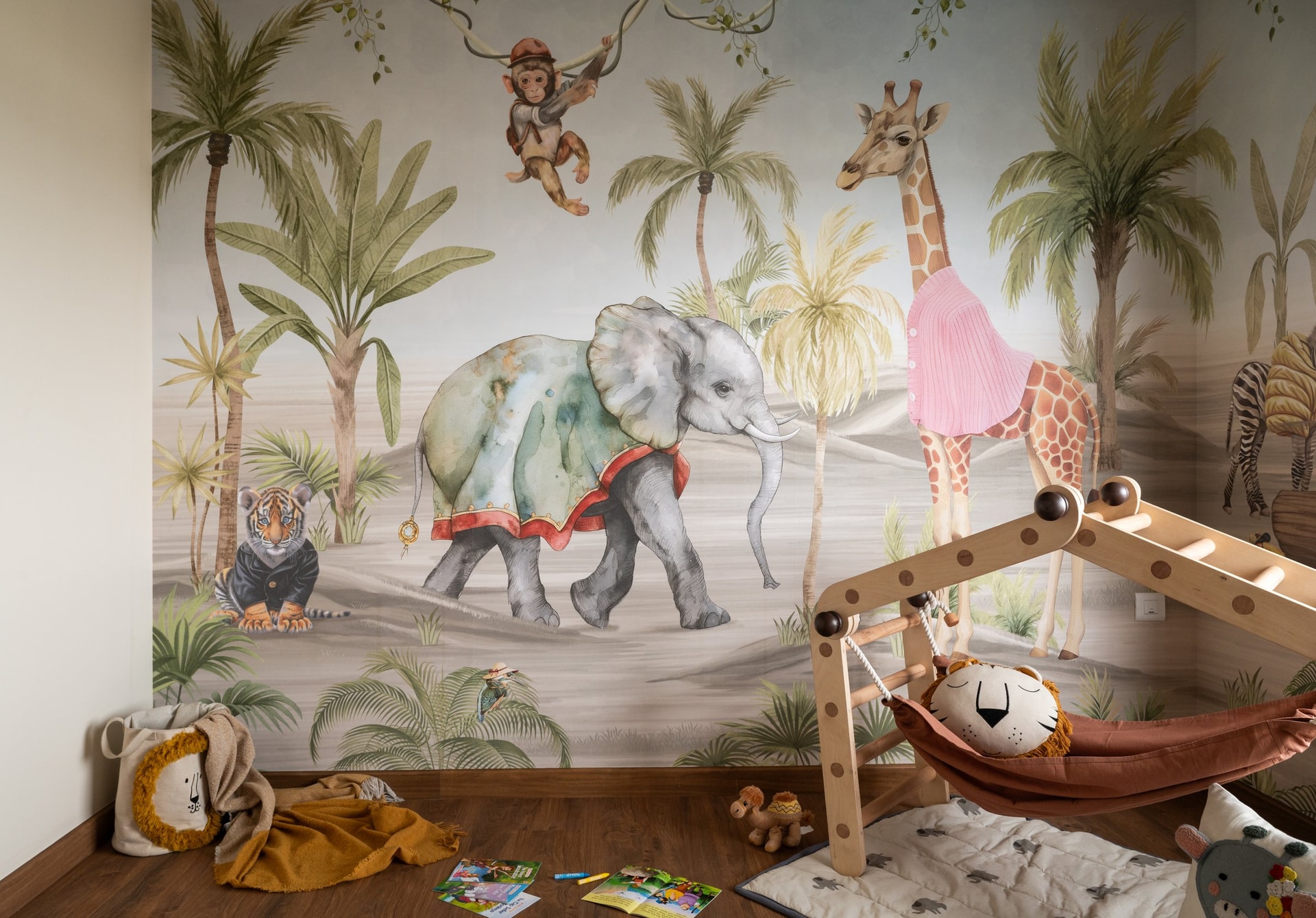 In the twins' bedroom, a wraparound watercolour mural turns two walls into a softly painted savanna