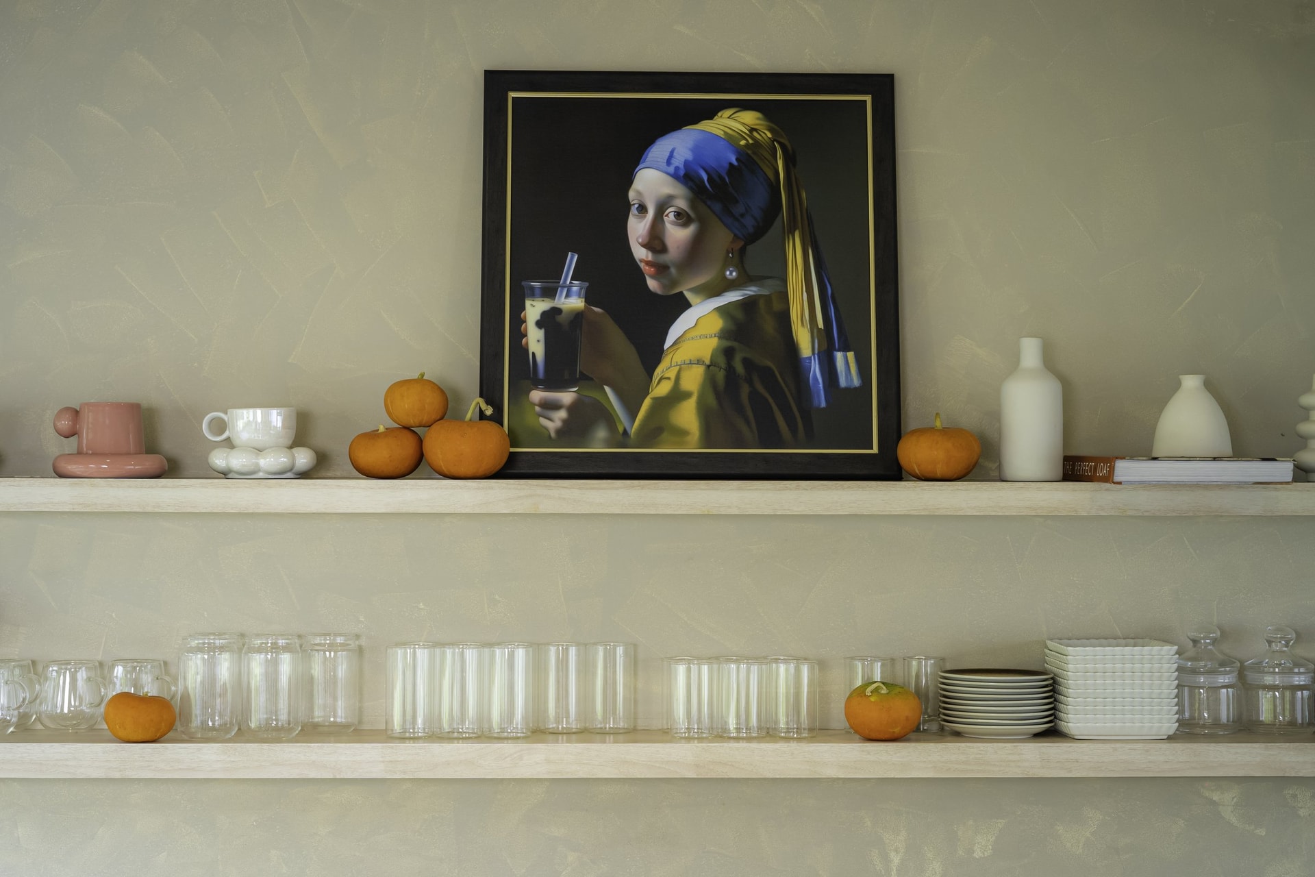 The display shelf, where a reinterpreted Vermeer sits between orange gourds and matte ceramics