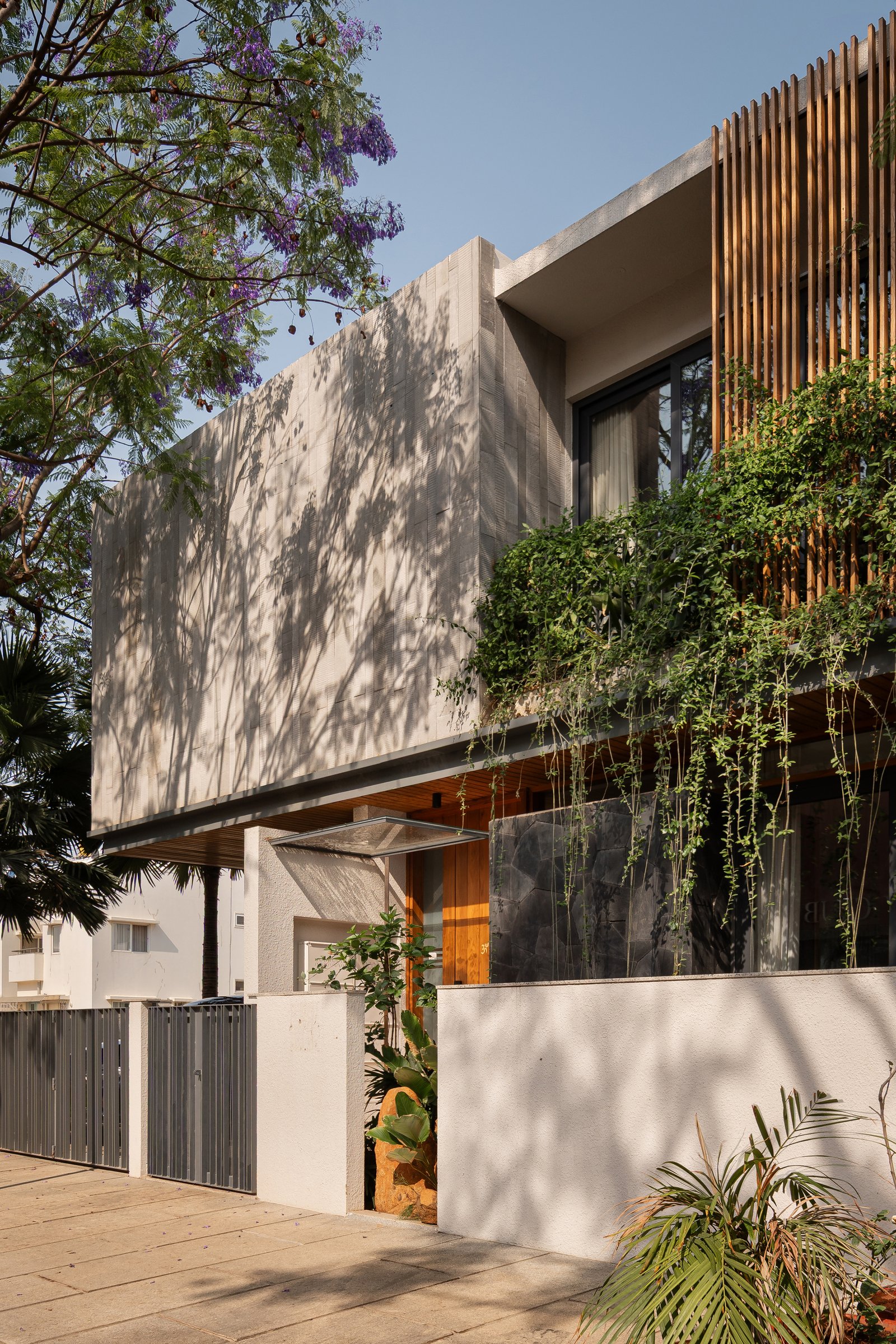 The facade in daylight, with a timber slat screen filtering light into the balcony and creepers softening the concrete mass