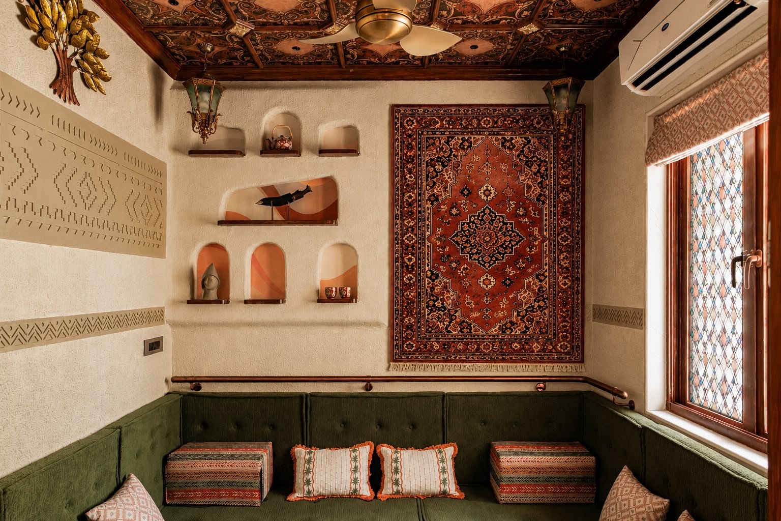 The majlis-inspired informal lounge, its green tufted banquette set beneath a patterned ceiling and a hung tapestry rug